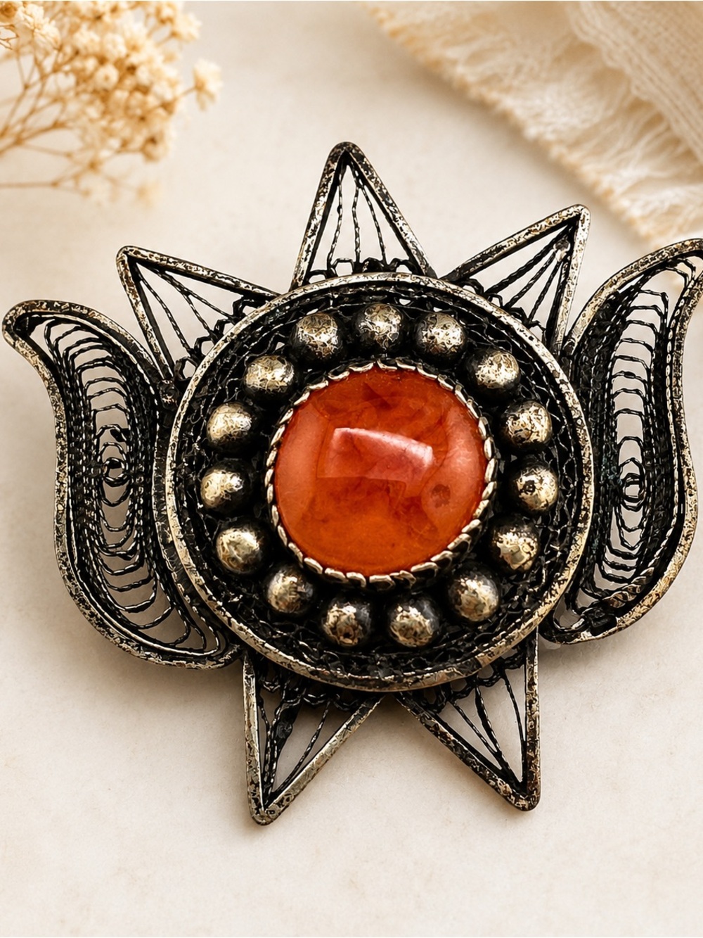 Vintage Egyptian Silver Filigree Carnelian Brooch Pendant Handmade Lotus Jewelry